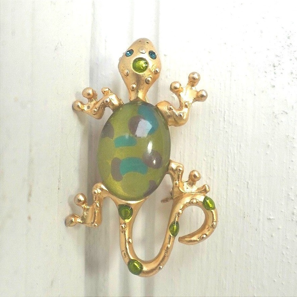 Vintage Lizard Brooch Gold Tone Green Purple Polka‎ Dots Y2K Maximalism Jewelry